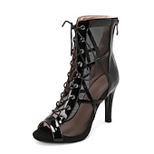 tanie Buty do tańca-damskie czarne lakierowane buty do tańca ze sztucznej skóry, sznurowane, z siateczki, buty z odkrytymi palcami i wysokim obcasem do tańca latynoskiego, salsy i towarzyskiego