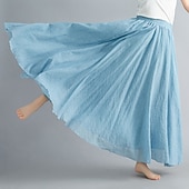 abordables Robes-Femme Balançoire Jupe longue Elégant Eté Maxi Jupes Couleur Pleine Plissé Casual Quotidien Noir Blanche Jaune Rouge Printemps &amp; Automne Coton Coton et lin