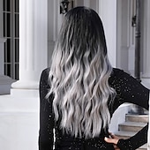 economico Parrucche trendy sintetiche-haircube ombre parrucche da nero a grigio parrucca di capelli ondulati naturali parte centrale per le donne cosplay parrucche sintetiche in fibra resistente al calore parrucche giornaliere parrucche