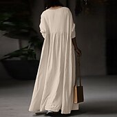 abordables concevoir des robes en coton et lin-Robe en coton et lin Robe casual Femme Robe longue maxi Lin Bohème Décontractées robe hiver du quotidien Vacances Col Ras du Cou Patchwork manche longue Eté Printemps Automne lin Ample Noir Blanche