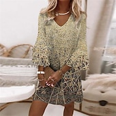 billiga Boho klänningar-Kvinnors Mini Klänning Semi Formell Klänning Petite Klänning Sundress A Line Klänning Bohemia Casual Boho Volang Ärmm Semester Gata Daglig Regular Fit Blommig Randig 3/4 Längd Ärmm V Neck Vit