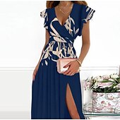 economico Abiti eleganti floreali-abito da festa delle donne abito da ospite di nozze abito swing abito lungo maxi vestito rosa rosso blu navy manica corta volant di colore puro primavera estate scollo a v festa di sera 2023 s m l xl