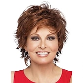 economico parrucca più vecchia-parrucca bionda mista marrone scuro marrone con riflessi parrucche pixie cut per donne bianche con frangetta parrucca sintetica ondulata corta naturale capelli veri parrucche per feste di natale