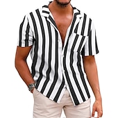 economico camicia da uomo con bottoni-Per uomo Camicia Camicia Estiva Camicia casual Camicia con colletto cubano Camicia con Bottoni Camicia con collo camp Nero Blu Manica Corta A righe Collo ripiegato Stampa 3D Ferie Righe Abbigliamento