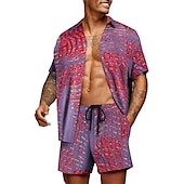 お買い得  メンズプリントシャツセット-男性用 グラフィック シュロの葉 熱帯植物 2個 シャツセット アロハシャツ 半袖 ショートパンツ 折襟 デザイナー ビーチスタイル バケーション カジュアル 日常 3D 夏 シルバー レッド-ホワイト グリーン-ブラック