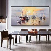 voordelige Schilderijen van landschappen-olieverfschilderij 100% handgemaakte handgeschilderde kunst aan de muur op canvas abstracte oceaan zeilboot zonsondergang landschap woondecoratie decor opgerold canvas geen frame niet uitgerekt