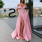 abordables VERT-Mariage Plage Robe de Soirée A-Line Style Célébrité Robe Prom Longueur de Sol Manches Courtes Col V Automne Invité de Mariage Satin avec Fente