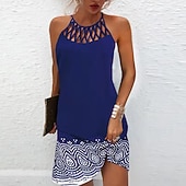 ieftine Rochie cu dungi și geometrică-Pentru femei Rochii Midi Rochie casual Rochie cu decolteu Elegant Modă Stilat Zilnic Plajă Vacanță Fit regulat Geometric Imprimeu Fără manșon Gâtul halter Roșu Vin Albastru Închis Vară Primăvară