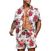 お買い得  メンズプリントシャツセット-男性用 グラフィック シュロの葉 熱帯植物 2個 シャツセット アロハシャツ 半袖 ショートパンツ 折襟 デザイナー ビーチスタイル バケーション カジュアル 日常 3D 夏 シルバー レッド-ホワイト グリーン-ブラック