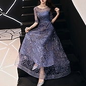 economico Lunghezza del pavimento-Abito da sera in linea A Abito elegante per invitato al matrimonio formale lunghezza fino al pavimento maniche a metà scollatura a gioiello in tulle con motivo/pattern ricamato/taglia