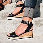 cheap Casual Sandals-Women&#039;s White Cork Wedge Sandals with Ankle Strap – Casual Summer Platform Shoes for Everyday Wea