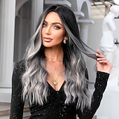 economico Parrucche trendy sintetiche-haircube ombre parrucche da nero a grigio parrucca di capelli ondulati naturali parte centrale per le donne cosplay parrucche sintetiche in fibra resistente al calore parrucche giornaliere parrucche