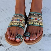 ieftine Sandale de vacanță-sandale de damă în stil boho cu margele, cu bretele colorate și inel pentru degete – pantofi de vară cu vârf deschis pentru ținute casual de plajă