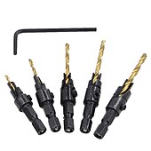 זול סט מקדחים-5 יחידות מקדחי hss 1/4 שוק משושה שקוע שקוע כלי טפח לעיבוד עץ חור פיילוט גודל #6 #8 #10 #12 #14 עם מפתח מפתח אחד