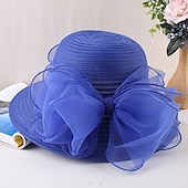 billige Partyhatter-Kentucky Derby Hatt Hatter Organza Halmsupphatt Halmlue Solhatt Uformell Ferie Melbourne Cup Cocktail Royal Ascot Vintage Stil Elegant Med Sløyfebånd Applikasjoner Hodeplagg Hodebekledning Race Day