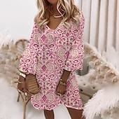 billiga Boho klänningar-Kvinnors Mini Klänning Semi Formell Klänning Petite Klänning Sundress A Line Klänning Bohemia Casual Boho Volang Ärmm Semester Gata Daglig Regular Fit Blommig Randig 3/4 Längd Ärmm V Neck Vit