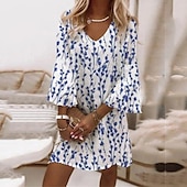 billige Kunst og Design Kjole-Kvinners Mini Kjole Casual Kjole Semi Formell Kjole Petite Kjole Sommerkjole Elegant Ferie Basis Volang Erme Utendørs Ferie Daglig Regular Fit Blomster 3/4 Erme V Utringning Rosa Blå
