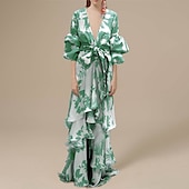 abordables Robes de vacances-Robe balançoire femme boho robe longue robe maxi robe bleu jaune vert clair floral à lacets manches lanterne printemps été robe profonde v ourlet irrégulier week-end coupe ample 2023 s m l xl xxl