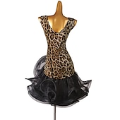 voordelige Latin danskleding-dans salsa latin dansjurk luipaardprint ruches damestraining mouwloos hoog spandex