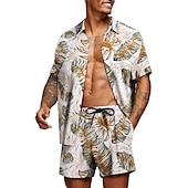 お買い得  メンズプリントシャツセット-男性用 グラフィック シュロの葉 熱帯植物 2個 シャツセット アロハシャツ 半袖 ショートパンツ 折襟 デザイナー ビーチスタイル バケーション カジュアル 日常 3D 夏 シルバー レッド-ホワイト グリーン-ブラック