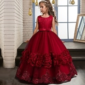 baratos Vestidos floridos-Infantil Pouco Para Meninas Vestido Floral Tecido Vestido A Line Festa Espetáculo Com Transparência Laço Branco Roxo Vinho Assimétrico Sem Manga Princesa Doce Vestidos Primavera Verão Normal 3-12 anos