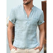 cheap Classic-Men&#039;s Linen Shirt Band Collar Shirt Summer Shirt Beach Wear Casual Shirt Solid Color Outdoor Street Black White Light Green Blue Short Sleeve Henley Summer Spring Clothing Apparel Button-Down