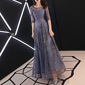 economico Lunghezza del pavimento-Abito da sera in linea A Abito elegante per invitato al matrimonio formale lunghezza fino al pavimento maniche a metà scollatura a gioiello in tulle con motivo/pattern ricamato/taglia