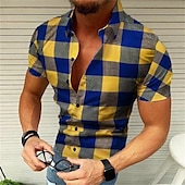 preiswerte Herrenhemd zum Knöpfen-Herren Hemd Popover-Shirt Sommerhemd Knopfhemd Kariertes Hemd trachtenhemd Wein Schwarz Gelb Rote Grün Kurzarm Graphic Plaid / Karomuster Gitter Umlegekragen Heißprägen Strasse Casual Bedruckt