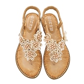 cheap Vacation Sandals-Women&#039;s Boho Floral Beaded Sandals – Casual Elastic Strap Summer Flip-Flops with Embellished Design for Beach or Casual Outfits