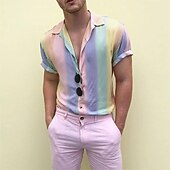 economico camicia da uomo con bottoni-Per uomo Camicia Camicia estiva Camicia con bottoni Camicia da campo Camicia cubana Viola Arcobaleno Manica corta Stampe astratte Collo ripiegabile Strada Informale Bottone giù Abbigliamento Di