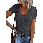 cheap Plain tee-Women&#039;s Henley Shirt T shirt Tee Black White Pink Plain Button Short Sleeve Casual Daily Sexy Round Neck Regular S