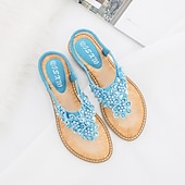cheap Vacation Sandals-Women&#039;s Boho Floral Beaded Sandals – Casual Elastic Strap Summer Flip-Flops with Embellished Design for Beach or Casual Outfits