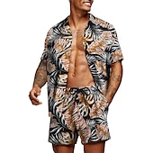 お買い得  メンズプリントシャツセット-男性用 グラフィック シュロの葉 熱帯植物 2個 シャツセット アロハシャツ 半袖 ショートパンツ 折襟 デザイナー ビーチスタイル バケーション カジュアル 日常 3D 夏 シルバー レッド-ホワイト グリーン-ブラック