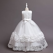 baratos Vestidos floridos-Infantil Pouco Para Meninas Vestido Floral Tecido Vestido A Line Festa Espetáculo Com Transparência Laço Branco Roxo Vinho Assimétrico Sem Manga Princesa Doce Vestidos Primavera Verão Normal 3-12 anos