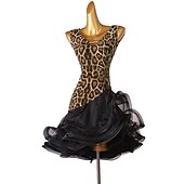 voordelige Latin danskleding-dans salsa latin dansjurk luipaardprint ruches damestraining mouwloos hoog spandex