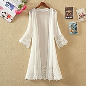 cheap Cover Up-Women&#039;s Cardigan Lace Solid Color Basic Casual Lace Long Sleeve Loose Sweater Cardigans Open Front Spring Summer White Black / Holiday