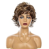 economico parrucca più vecchia-parrucca bionda mista marrone scuro marrone con riflessi parrucche pixie cut per donne bianche con frangetta parrucca sintetica ondulata corta naturale capelli veri parrucche per feste di natale