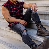 男性用 シャツ サマーシャツ チェックシャツ ボタンアップシャツ イエロー ルビーレッド ブルー ノースリーブ 格子柄 折襟 アウトドア ストリート ボタンダウン 衣類 ファッション カジュアル 高通気性 快適 お買い得  メンズボタンアップシャツ-男性用 シャツ サマーシャツ チェックシャツ ボタンアップシャツ イエロー ルビーレッド ブルー ノースリーブ 格子柄 折襟 アウトドア ストリート ボタンダウン 衣類 ファッション カジュアル 高通気性 快適