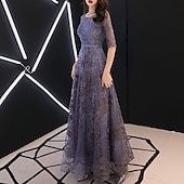 economico Lunghezza del pavimento-Abito da sera in linea A Abito elegante per invitato al matrimonio formale lunghezza fino al pavimento maniche a metà scollatura a gioiello in tulle con motivo/pattern ricamato/taglia