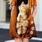 halpa 3D sarjakuva lipasto-Tyttöjen 3D Eläin Kissa Mekko Lyhythihainen 3D-tulostus Kesä Kevät Loma Päivittäin Pyhäpäivä söpö tyyli Vapaa-aika Makea Lapset 3-12 vuotta A linjainen mekko Reisipituinen Normaali