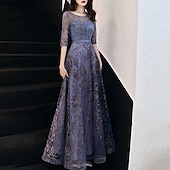 economico Lunghezza del pavimento-Abito da sera in linea A Abito elegante per invitato al matrimonio formale lunghezza fino al pavimento maniche a metà scollatura a gioiello in tulle con motivo/pattern ricamato/taglia