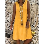 cheap Design Cotton &amp; Linen Dresses-Women&#039;s Black Yellow khaki Summer Spring Midi Dress Linen-Inspired Dresses Casual Dress Cotton Linen Dress Basic Casual Outdoor Vacation Daily Regular Fit Pure Color V Neck