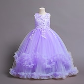 preiswerte Partykleider-Kinder Mädchen Kleid Blume ärmellos Performance Party Spitze süßes Polyester knielanges Tüllkleid Sommer Frühling Herbst 4–13 Jahre blau