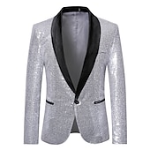 cheap Blazer&amp;Jacket-Men&#039;s Blazer Jacket Blazer Party Sparkle Casual Solid Colored Silver Black Wine Regular Fit Single Breasted One-button