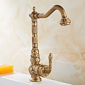 economico Rubinetti per lavello-rubinetto miscelatore per lavello da cucina tradizionale, rubinetti monocomando in ottone anticato rubinetto da cucina in stile vintage retrò con beccuccio standard montato sul ponte con tubo freddo e caldo