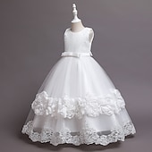 baratos Vestidos floridos-Infantil Pouco Para Meninas Vestido Floral Tecido Vestido A Line Festa Espetáculo Com Transparência Laço Branco Roxo Vinho Assimétrico Sem Manga Princesa Doce Vestidos Primavera Verão Normal 3-12 anos
