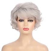 economico parrucca più vecchia-parrucca da vecchia signora capelli corti ricci grigi con frangetta parrucche piene cosplay resistenti al calore capelli sintetici naturali
