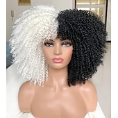 preiswerte Party Perücken-Kurze lockige Perücke 14 Zoll Afro-lockige Perücke mit Pony hitzebeständige synthetische schwarze und weiße Haare für schwarze Frauen Halloween-Perücken