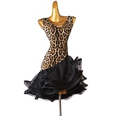 voordelige Latin danskleding-dans salsa latin dansjurk luipaardprint ruches damestraining mouwloos hoog spandex