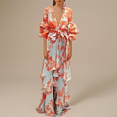 abordables Robes de vacances-Robe balançoire femme boho robe longue robe maxi robe bleu jaune vert clair floral à lacets manches lanterne printemps été robe profonde v ourlet irrégulier week-end coupe ample 2023 s m l xl xxl